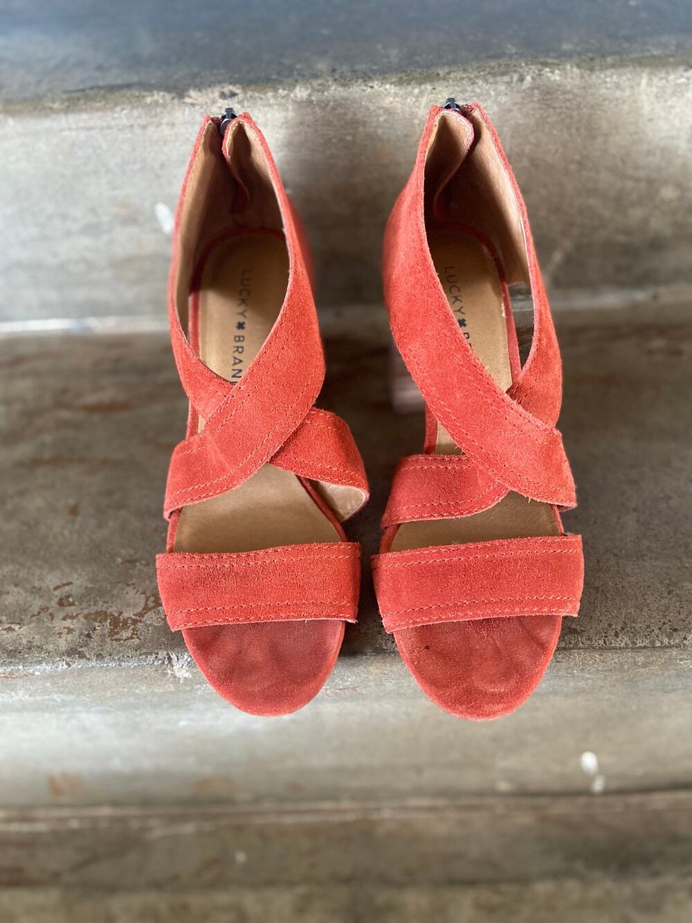 Lucky Brand dark orange suede stack heel sandals with criss cross straps
